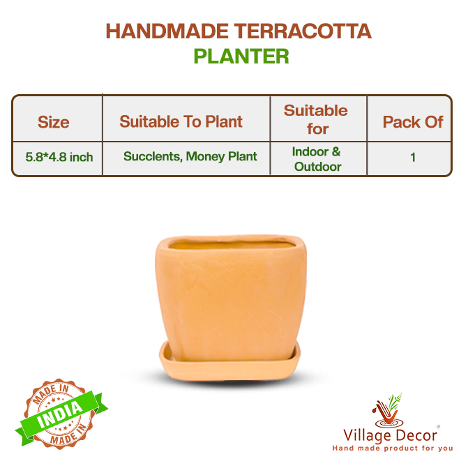 Handmade terracotta planter pot suitable for all varieties, ideal for indoor and outdoor use, image showing detailed product specifications.