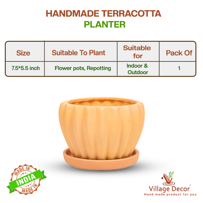 Handmade terracotta planter pot suitable for all varieties, ideal for indoor and outdoor use, image showing detailed product specifications.