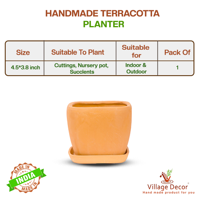 Handmade terracotta planter pot suitable for all varieties, ideal for indoor and outdoor use, image showing detailed product specifications.