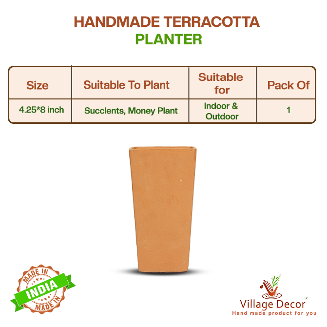 Handmade terracotta planter pot suitable for all varieties, ideal for indoor and outdoor use, image showing detailed product specifications.