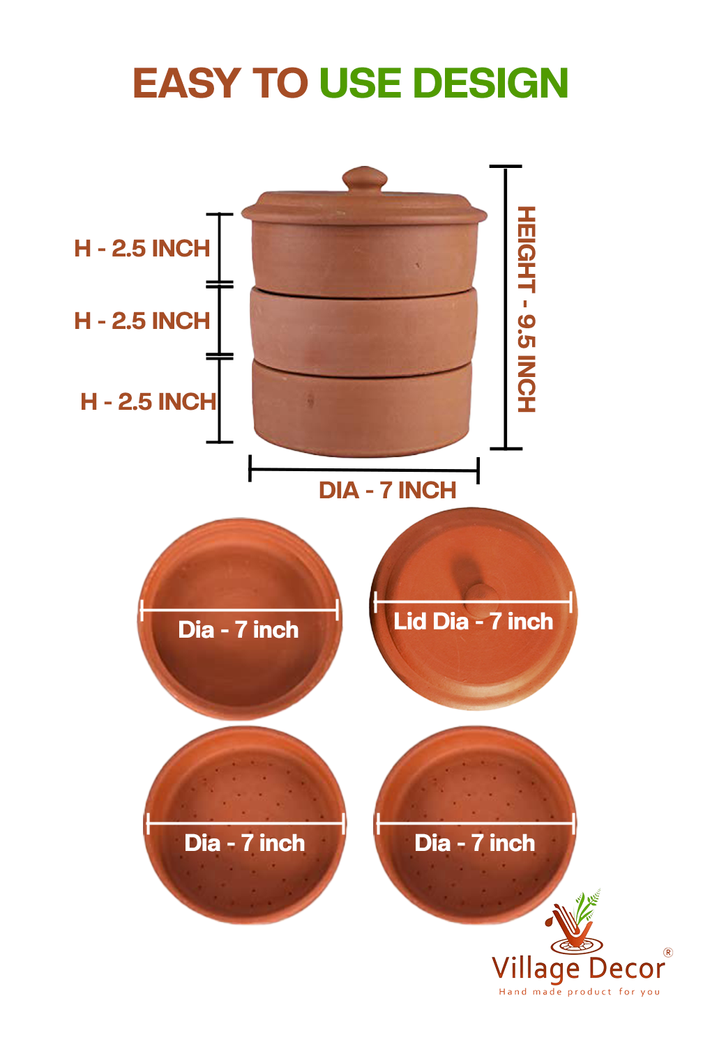 Terracotta sprout maker showing detailed dimensions including height diameter and lid size with top and side views of each compartment for easy understanding.