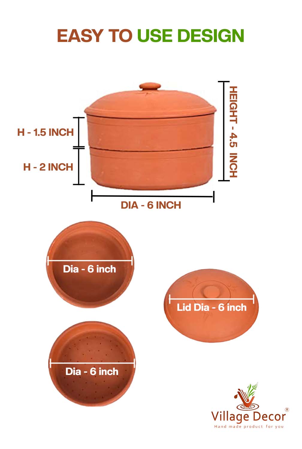 Terracotta sprout maker showing detailed dimensions including height diameter and lid size with top and side views of each compartment for easy understanding.