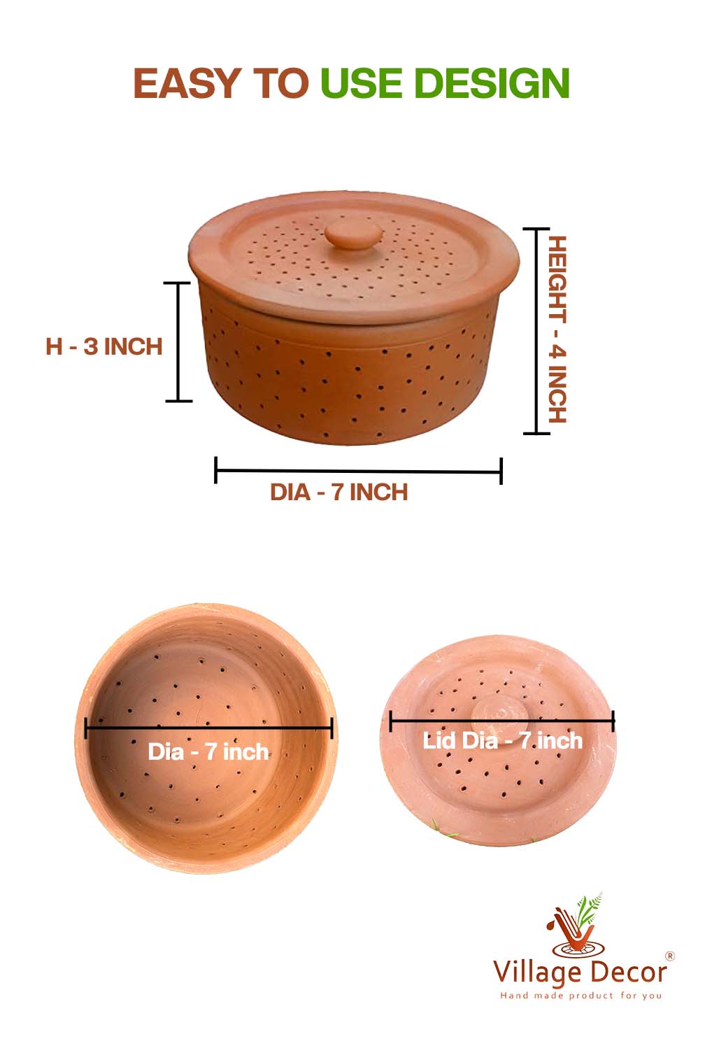 Terracotta sprout maker showing detailed dimensions including height diameter and lid size with top and side views of each compartment for easy understanding.