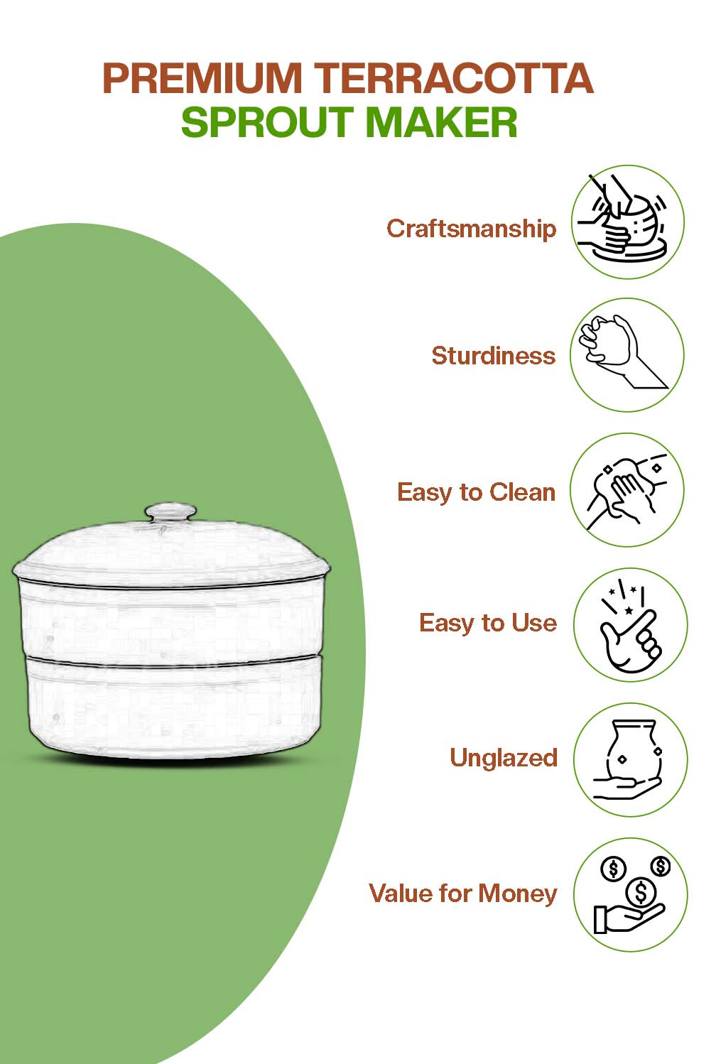 Terracotta sprout maker showing key features like craftsmanship sturdiness easy to clean easy to use unglazed finish and value for money.