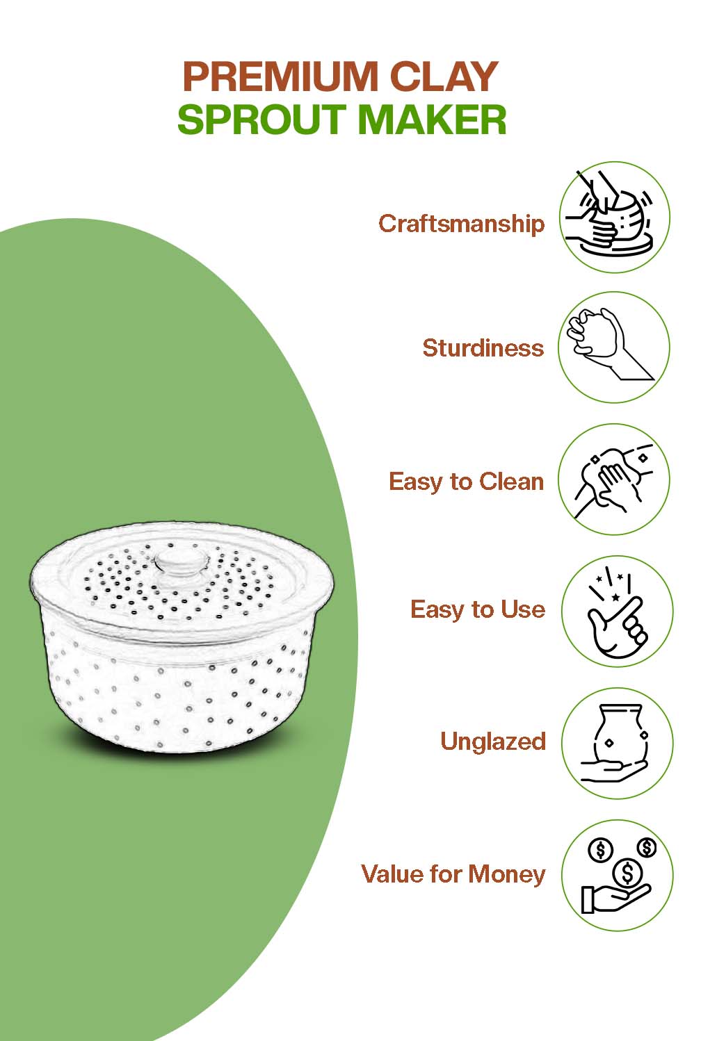 Terracotta sprout maker showing key features like craftsmanship sturdiness easy to clean easy to use unglazed finish and value for money.