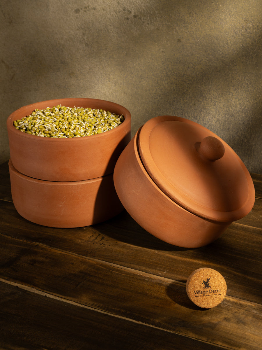 Handcrafted terracotta sprout maker filled with fresh green moong sprouts, placed on a wooden table with warm natural lighting, ideal for healthy and sustainable tableware.