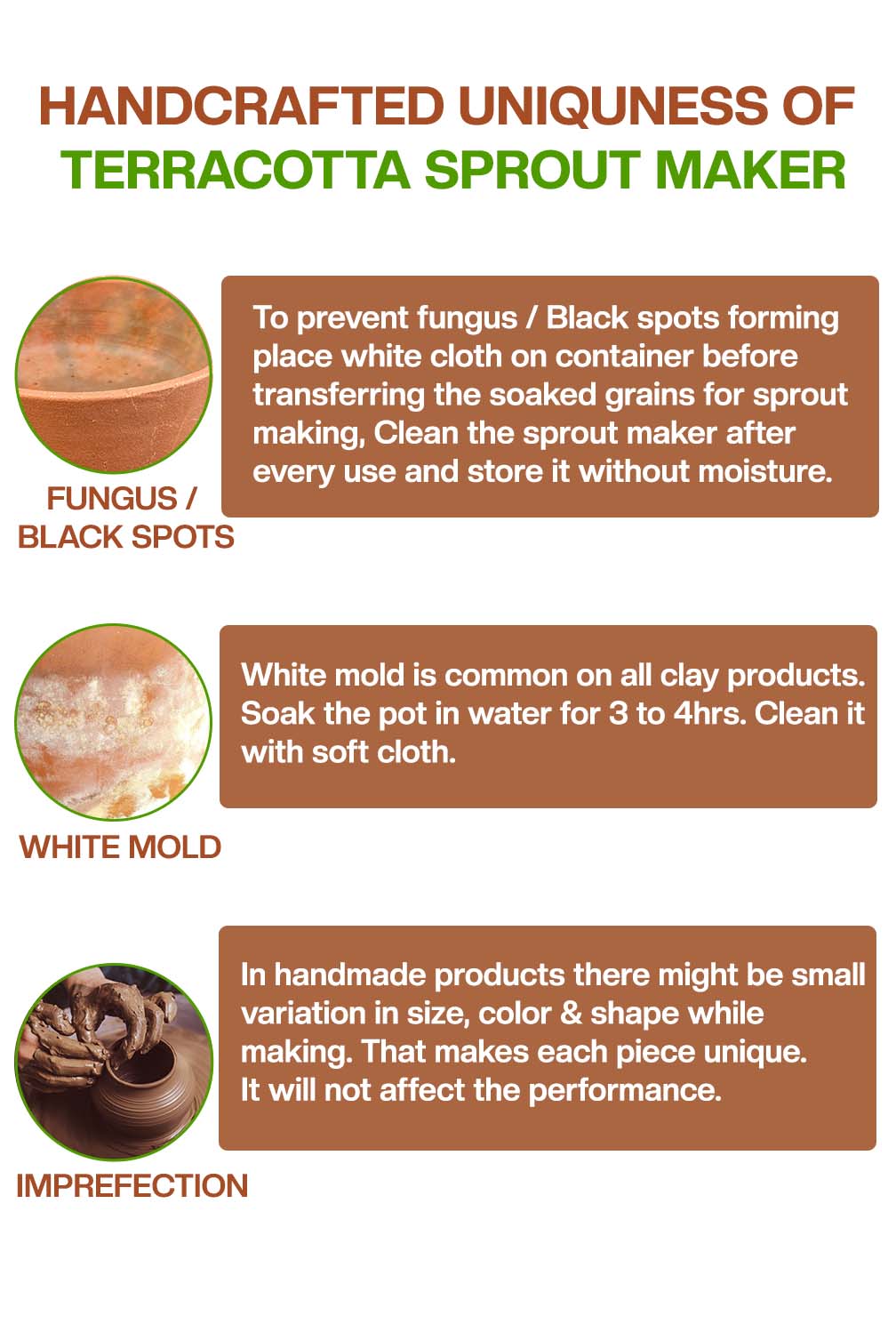 Terracotta sprout maker showing natural signs like black spots white mold and handmade imperfections with tips for cleaning and usage care.