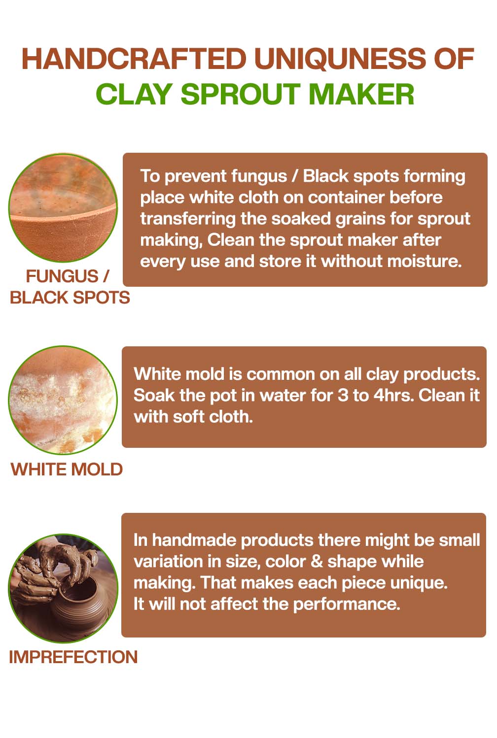 Terracotta sprout maker showing natural signs like black spots white mold and handmade imperfections with tips for cleaning and usage care.