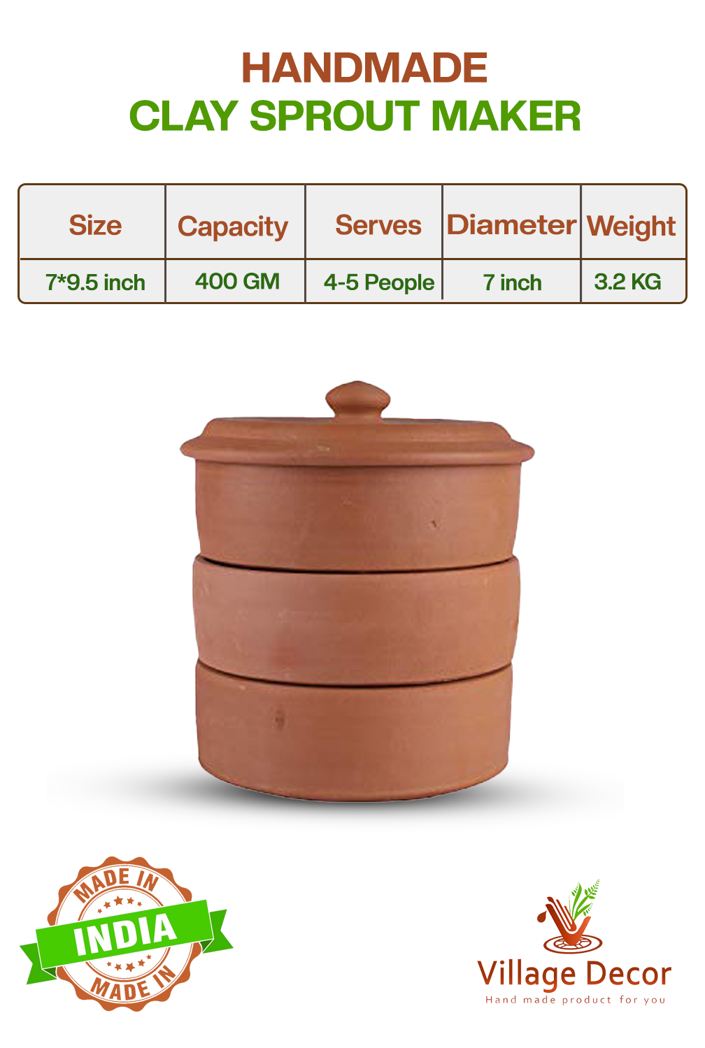 Front view of handmade clay sprout maker with product specifications including size capacity servings diameter and weight clearly displayed.