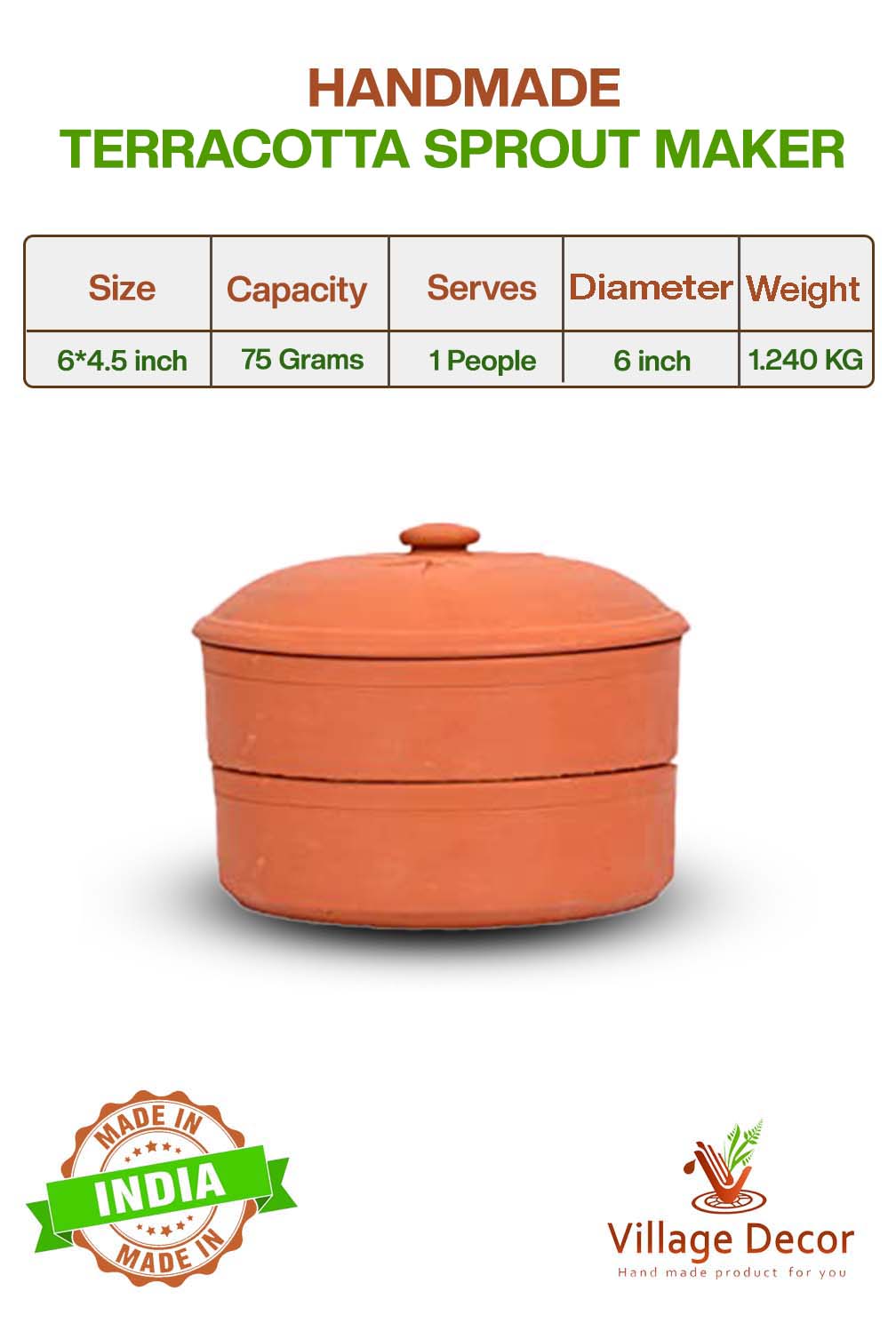 Front view of handmade clay sprout maker with product specifications including size capacity servings diameter and weight clearly displayed.