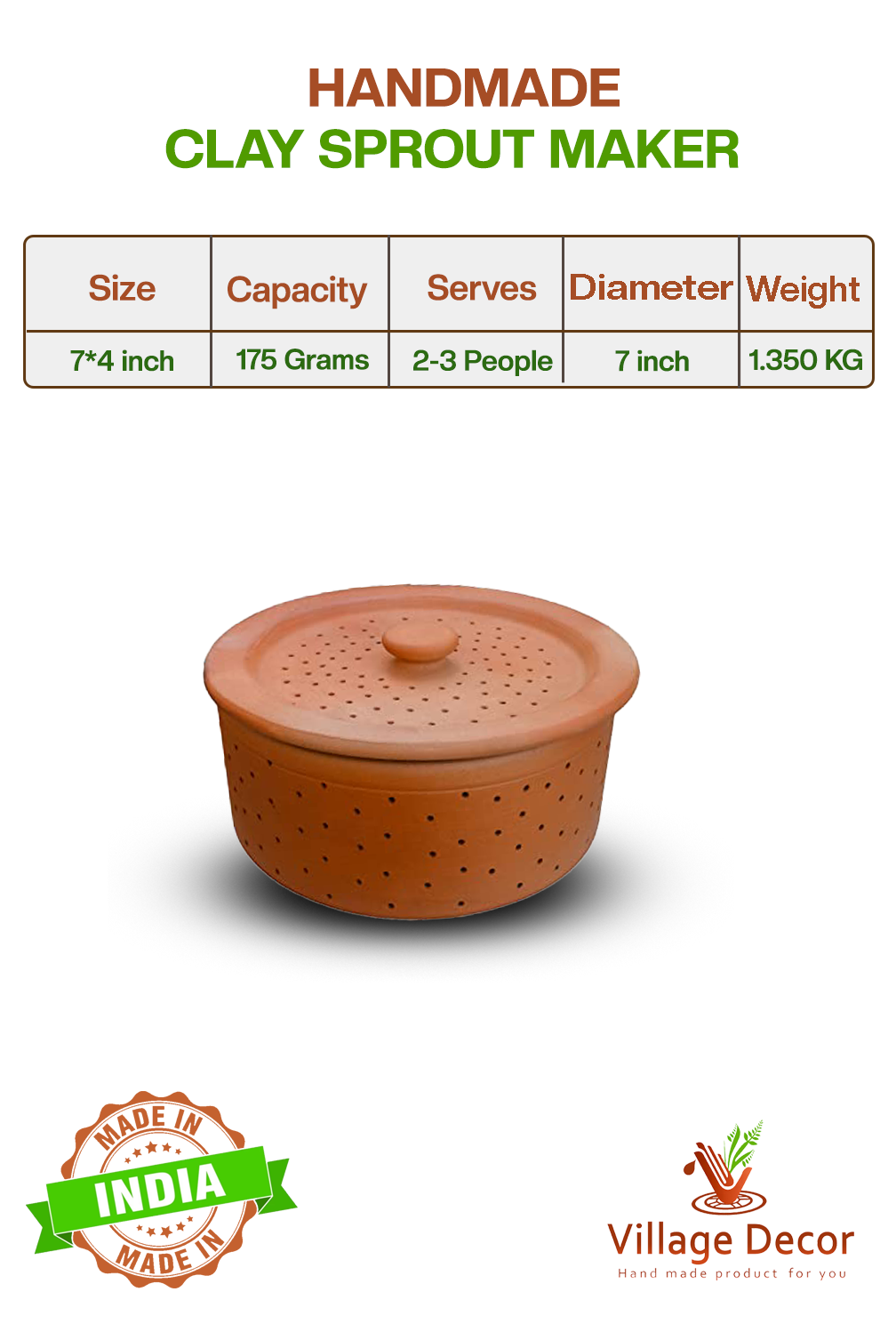 Front view of handmade clay sprout maker with product specifications including size capacity servings diameter and weight clearly displayed.