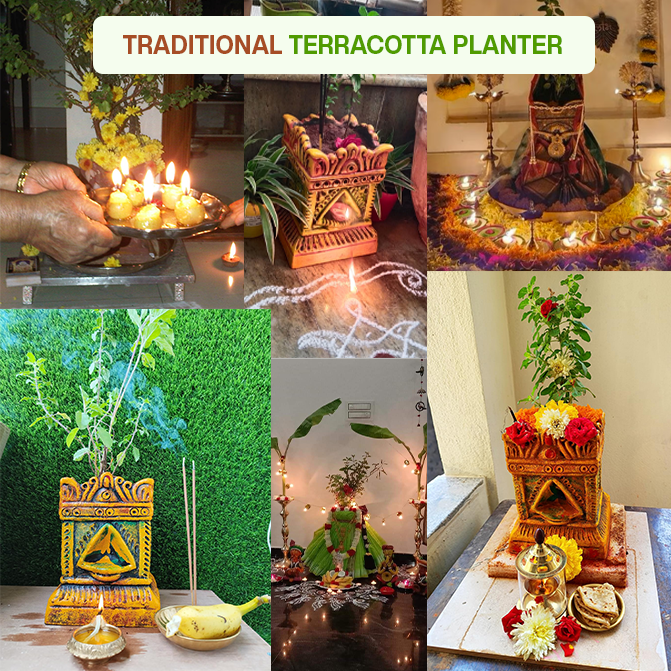 Traditional terracotta Tulsi planters decorated for pooja, festivals, and home altars, showcasing sacred and cultural uses in Indian homes.