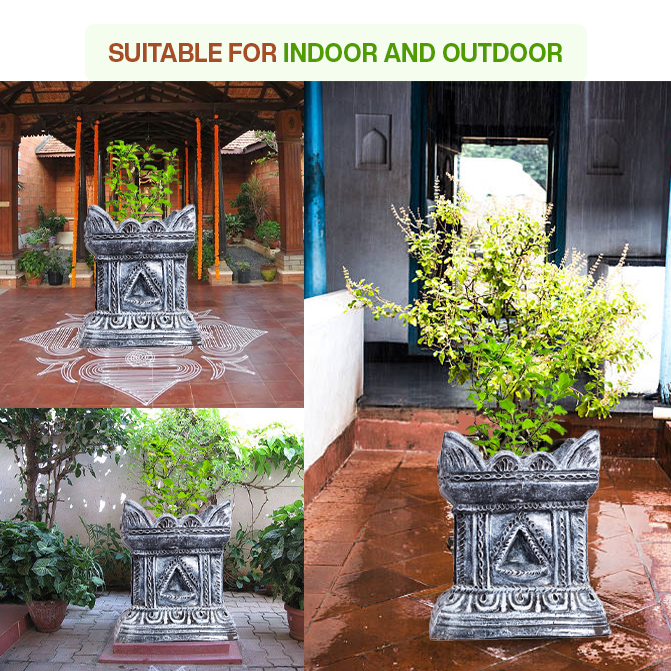 Terracotta Tulsi Pot placed in indoor and outdoor settings, showcasing its durability and suitability for both pooja rooms and gardens.