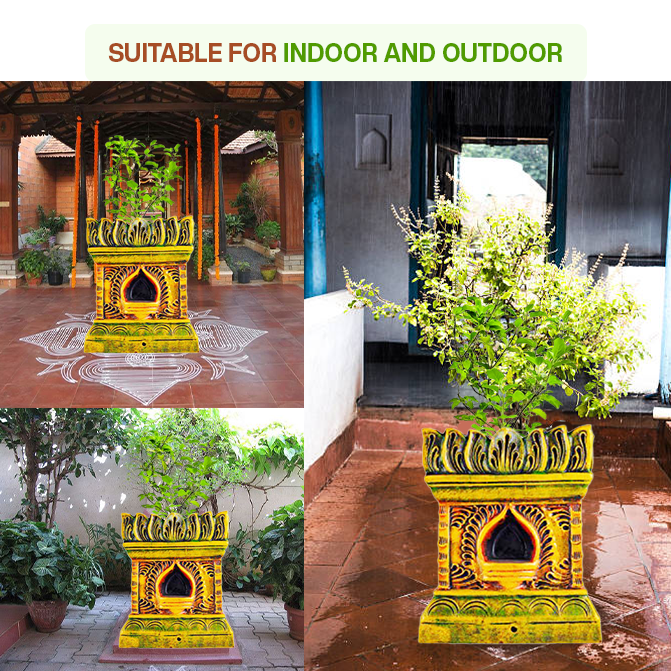 Terracotta Tulsi Pot placed in indoor and outdoor settings, showcasing its durability and suitability for both pooja rooms and gardens.