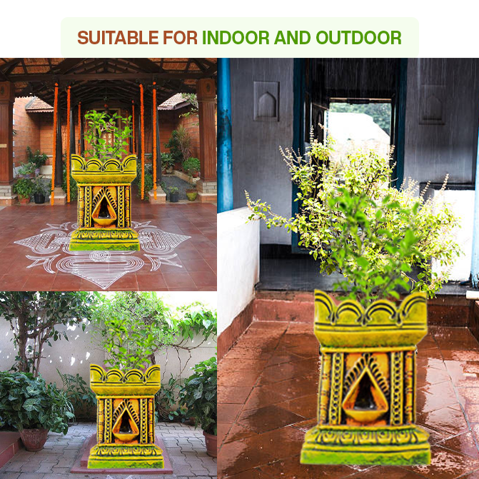 Terracotta Tulsi Pot placed in indoor and outdoor settings, showcasing its durability and suitability for both pooja rooms and gardens.