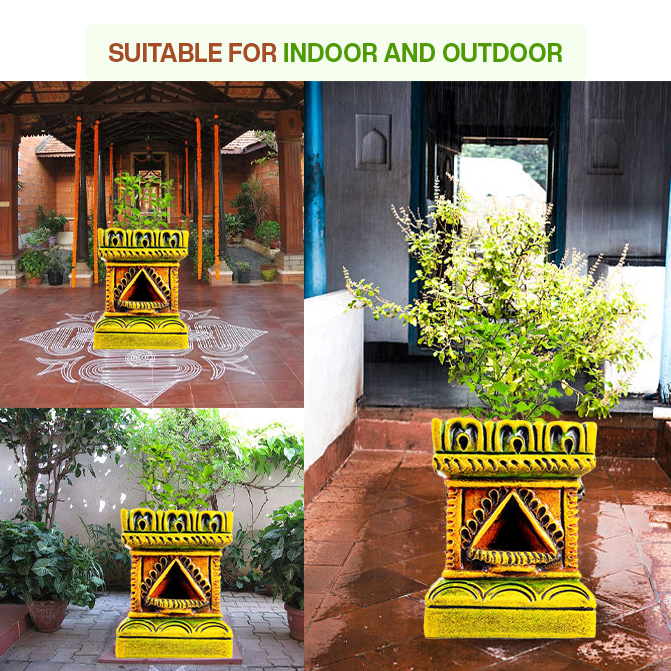 Terracotta Tulsi Pot placed in indoor and outdoor settings, showcasing its durability and suitability for both pooja rooms and gardens.