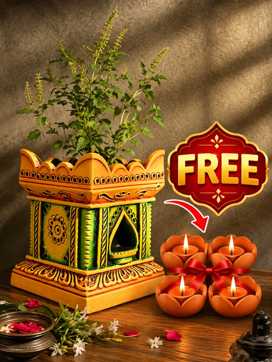 Handcrafted Terracotta Vrindavan with 4 lotus lamp.
