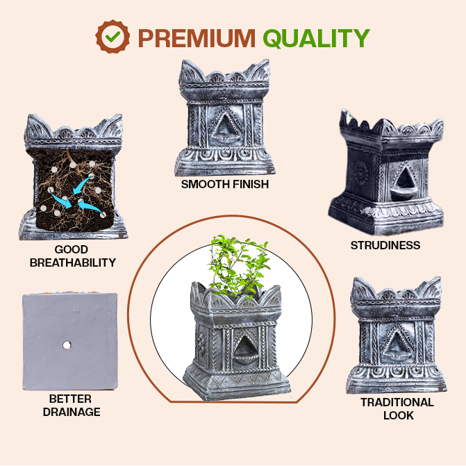 Terracotta Tulsi Pot highlighting key features like smooth finish, sturdiness, breathability, drainage, and traditional design for quality and durability.