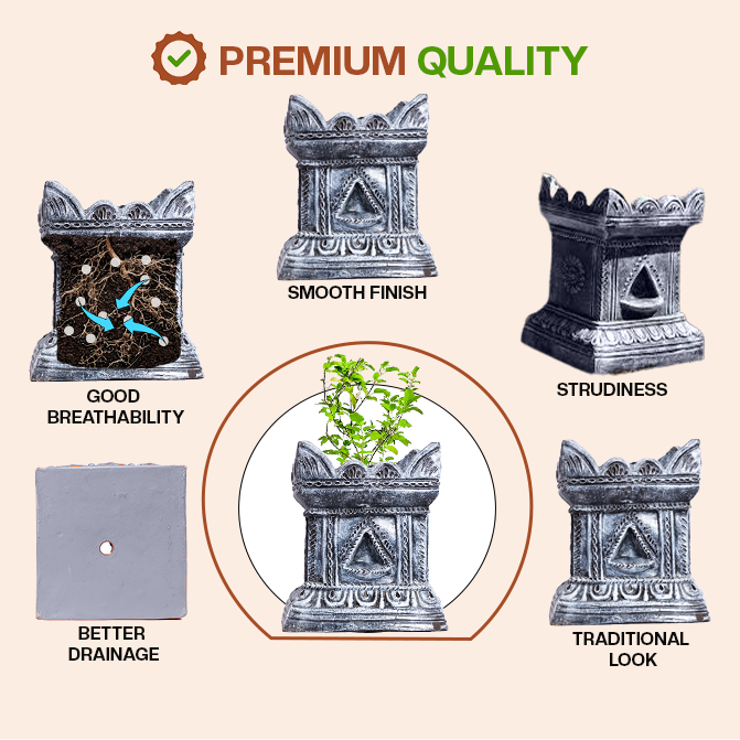 Terracotta Tulsi Pot highlighting key features like smooth finish, sturdiness, breathability, drainage, and traditional design for quality and durability.