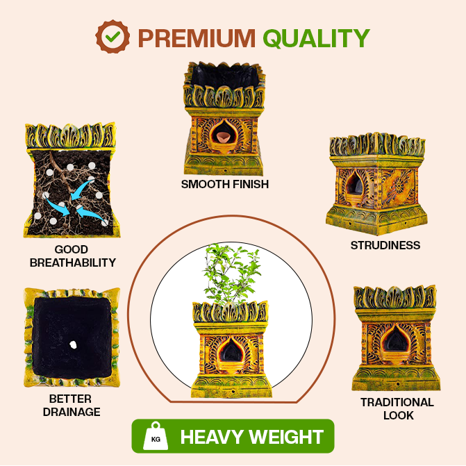 Terracotta Tulsi Pot highlighting key features like smooth finish, sturdiness, breathability, drainage, and traditional design for quality and durability.