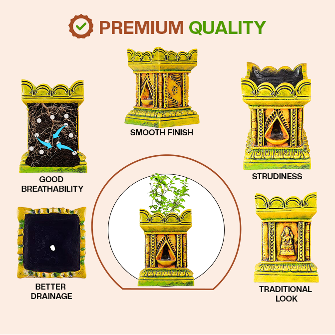 Terracotta Tulsi Pot highlighting key features like smooth finish, sturdiness, breathability, drainage, and traditional design for quality and durability.