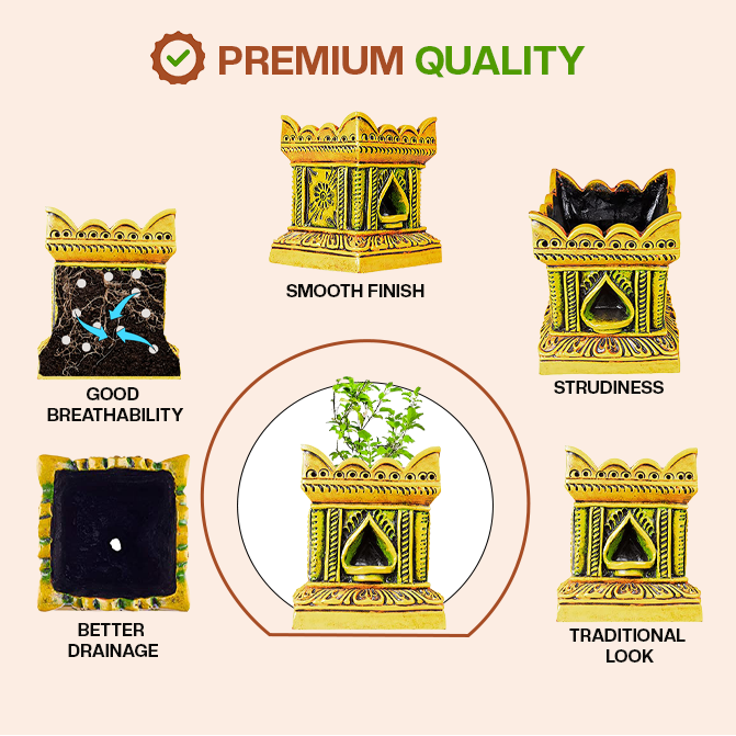 Terracotta Tulsi Pot highlighting key features like smooth finish, sturdiness, breathability, drainage, and traditional design for quality and durability.
