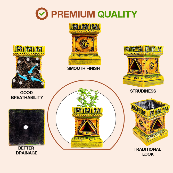 Terracotta Tulsi Pot highlighting key features like smooth finish, sturdiness, breathability, drainage, and traditional design for quality and durability.