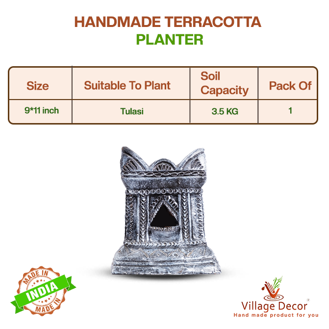 Product details of handcrafted terracotta Tulsi Pot from Village Decor, showing size, soil capacity, and suitability to plant Tulasi.
