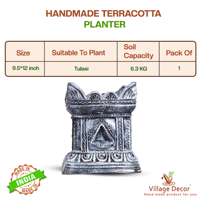 Product details of handcrafted terracotta Tulsi Pot from Village Decor, showing size, soil capacity, and suitability to plant Tulasi.