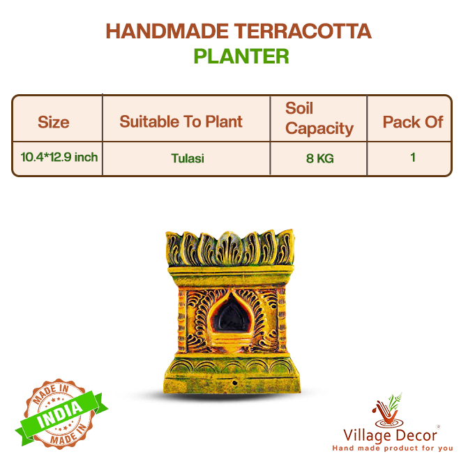 Product details of handcrafted terracotta Tulsi Pot from Village Decor, showing size, soil capacity, and suitability to plant Tulasi.