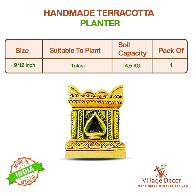Product details of handcrafted terracotta Tulsi Pot from Village Decor, showing size, soil capacity, and suitability to plant Tulasi.