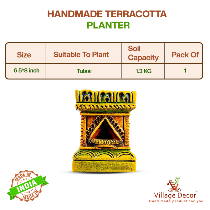 Product details of handcrafted terracotta Tulsi Pot from Village Decor, showing size, soil capacity, and suitability to plant Tulasi.