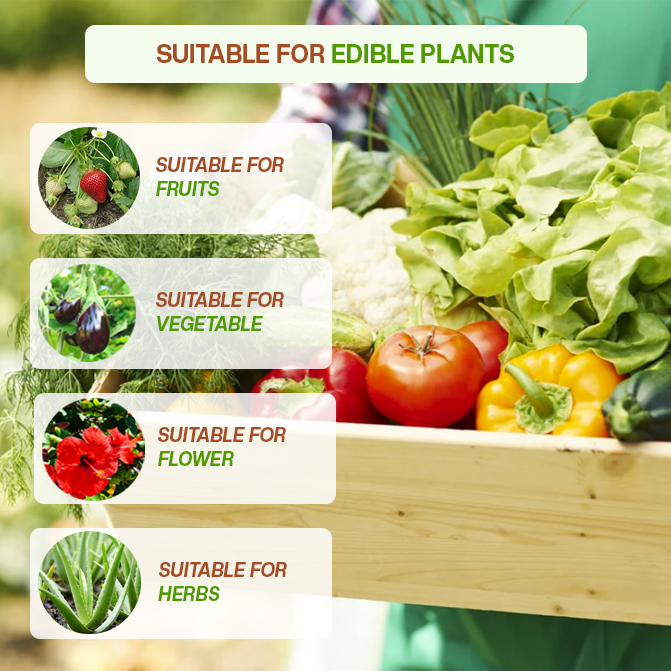 Visual showing planter suitability for fruits, vegetables, flowers, and herbs, highlighting its use for growing edible and ornamental plants.