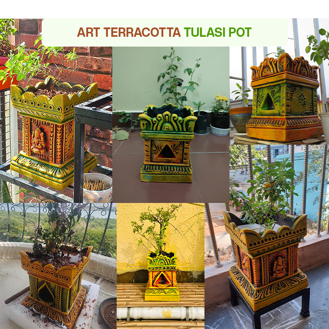 Terracotta Tulsi Pot placed in different places, showcasing its durability and suitability.