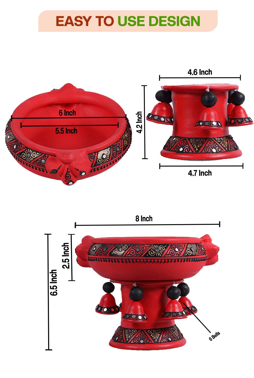 Front and top view of terracotta urli showing detailed size dimensions including diameter and height, with floral handpainting and easy to use design label.