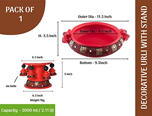 Front and top view of terracotta urli showing detailed size dimensions including diameter and height, with floral handpainting and easy to use design label.