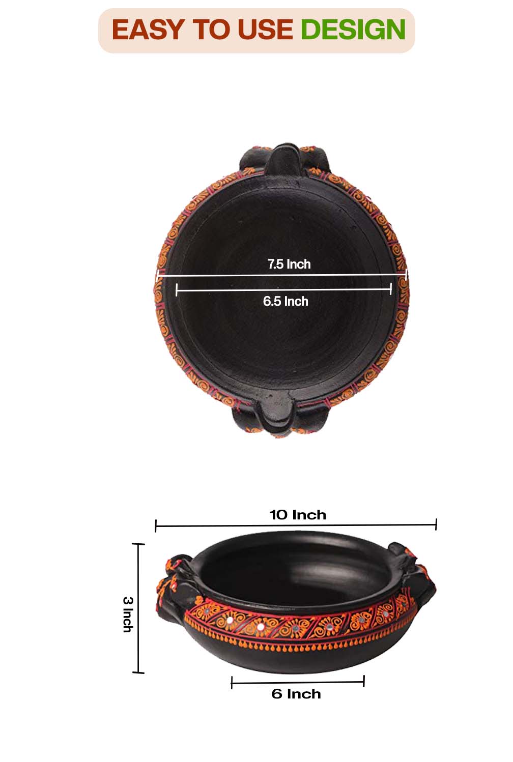 Front and top view of terracotta urli showing detailed size dimensions including diameter and height, with floral handpainting and easy to use design label.