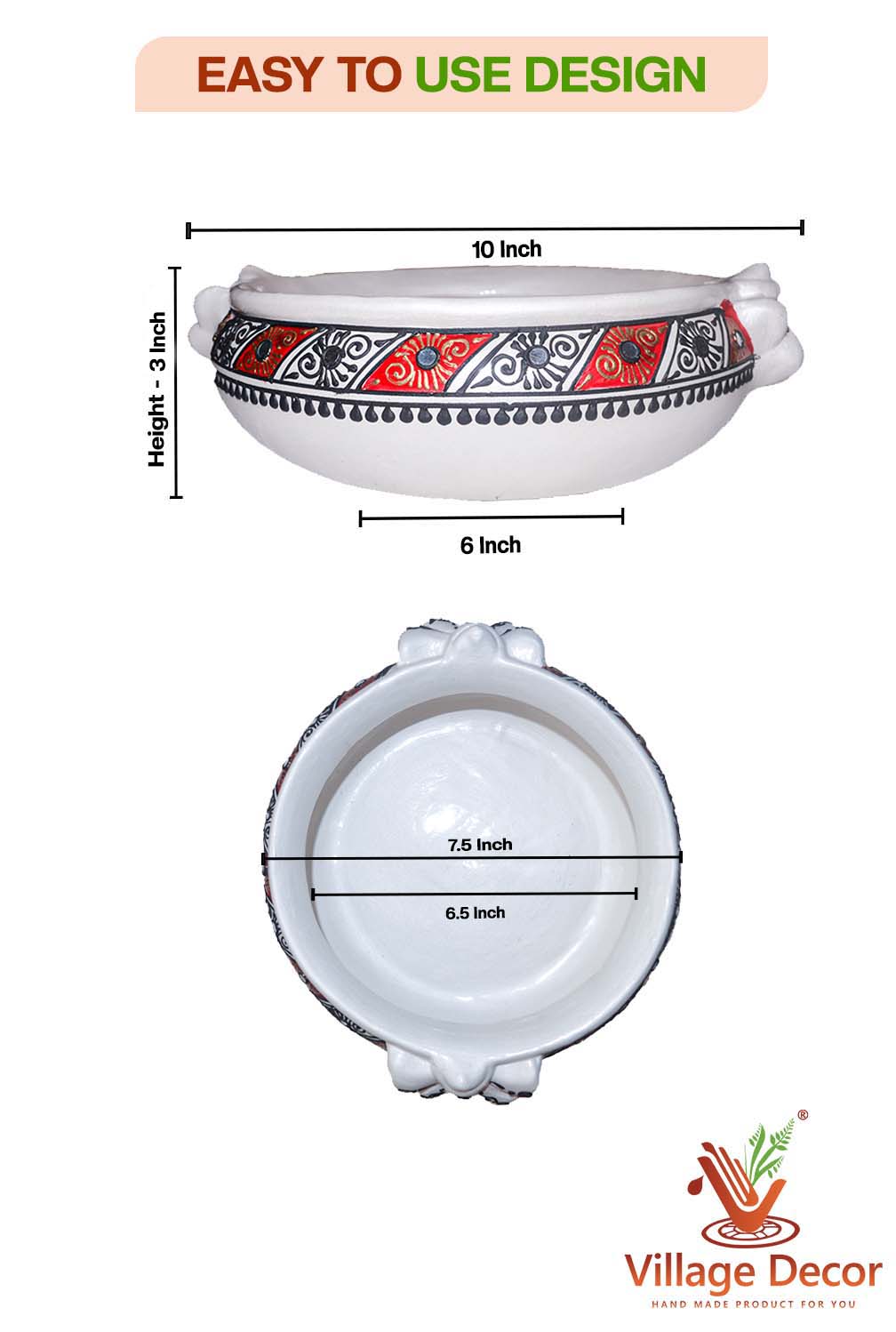 Front and top view of terracotta urli showing detailed size dimensions including diameter and height, with floral handpainting and easy to use design label.