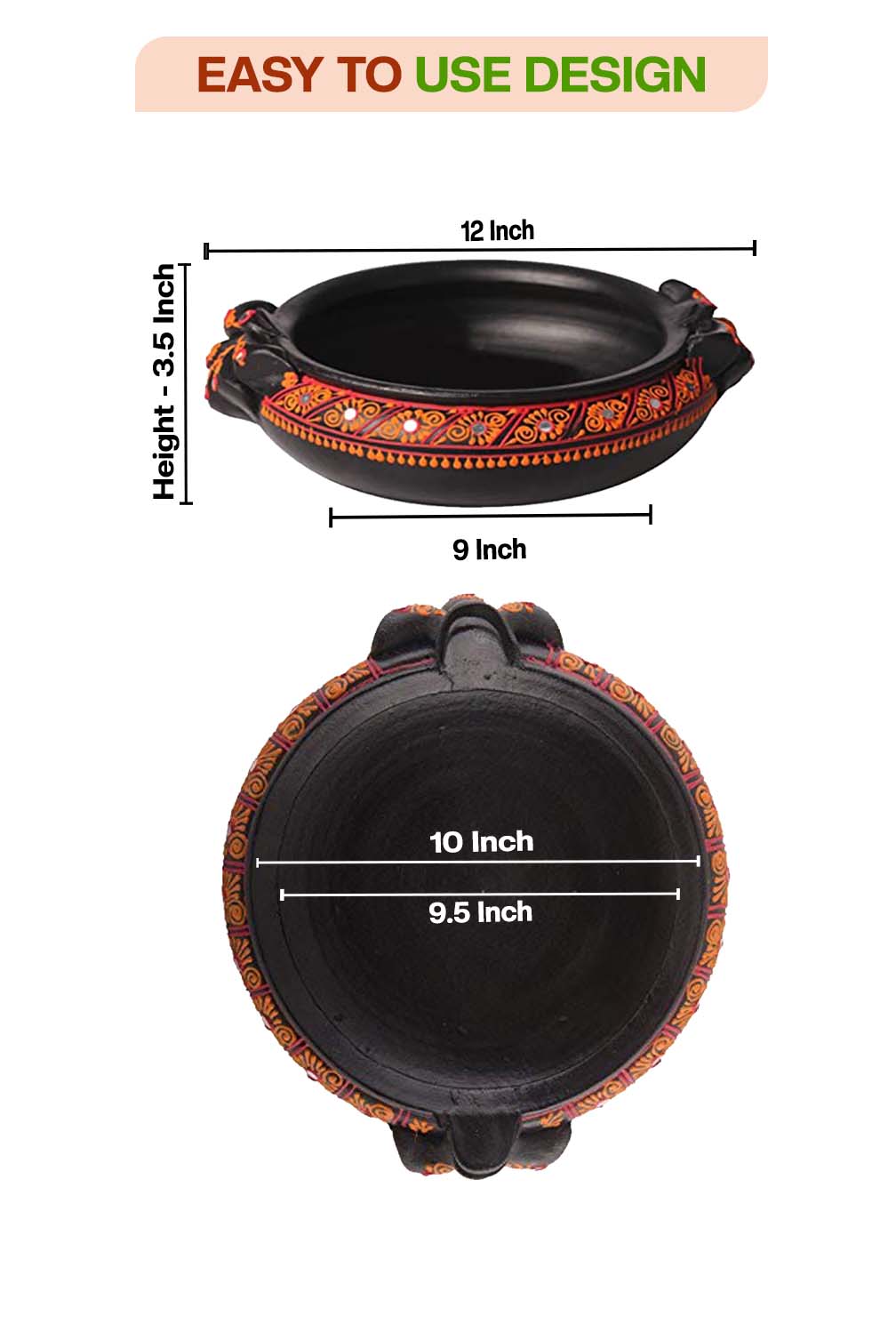 Front and top view of terracotta urli showing detailed size dimensions including diameter and height, with floral handpainting and easy to use design label.