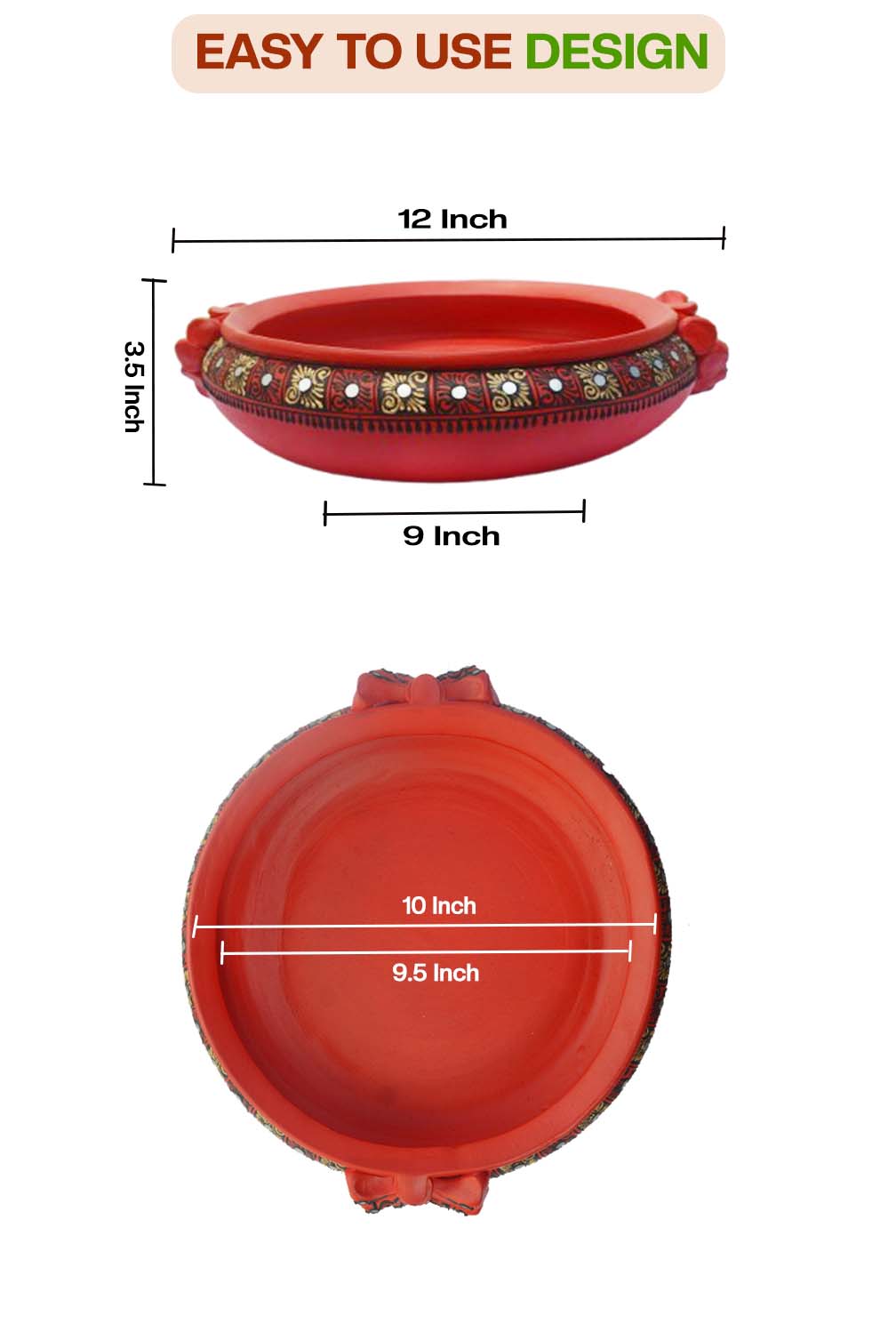 Front and top view of terracotta urli showing detailed size dimensions including diameter and height, with floral handpainting and easy to use design label.