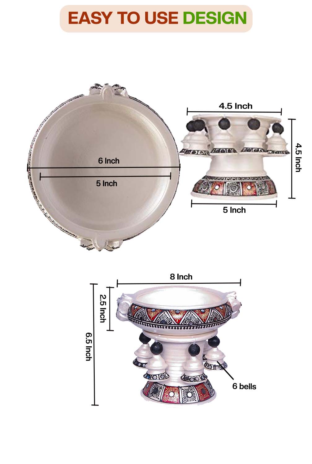 Front and top view of terracotta urli showing detailed size dimensions including diameter and height, with floral handpainting and easy to use design label.