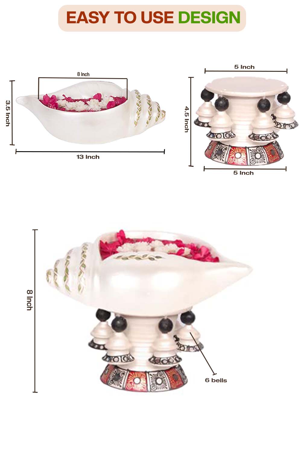 Front and top view of terracotta Sangu urli showing detailed size dimensions including diameter and height, with floral handpainting and easy to use design label.