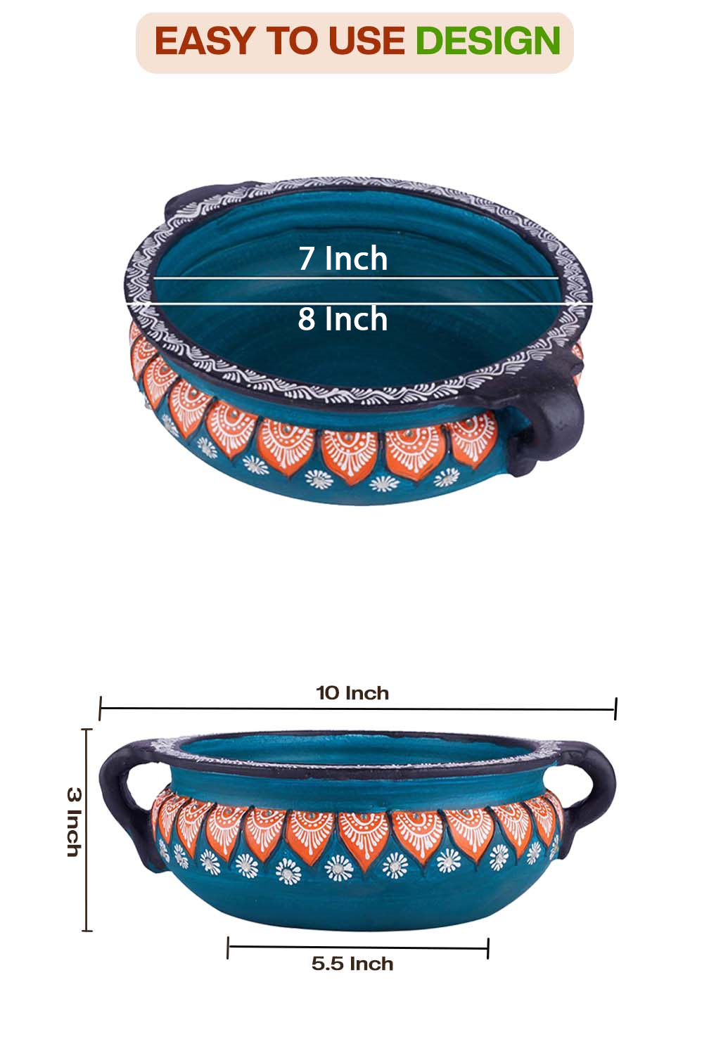 Front and top view of terracotta urli showing detailed size dimensions including diameter and height, with floral handpainting and easy to use design label.