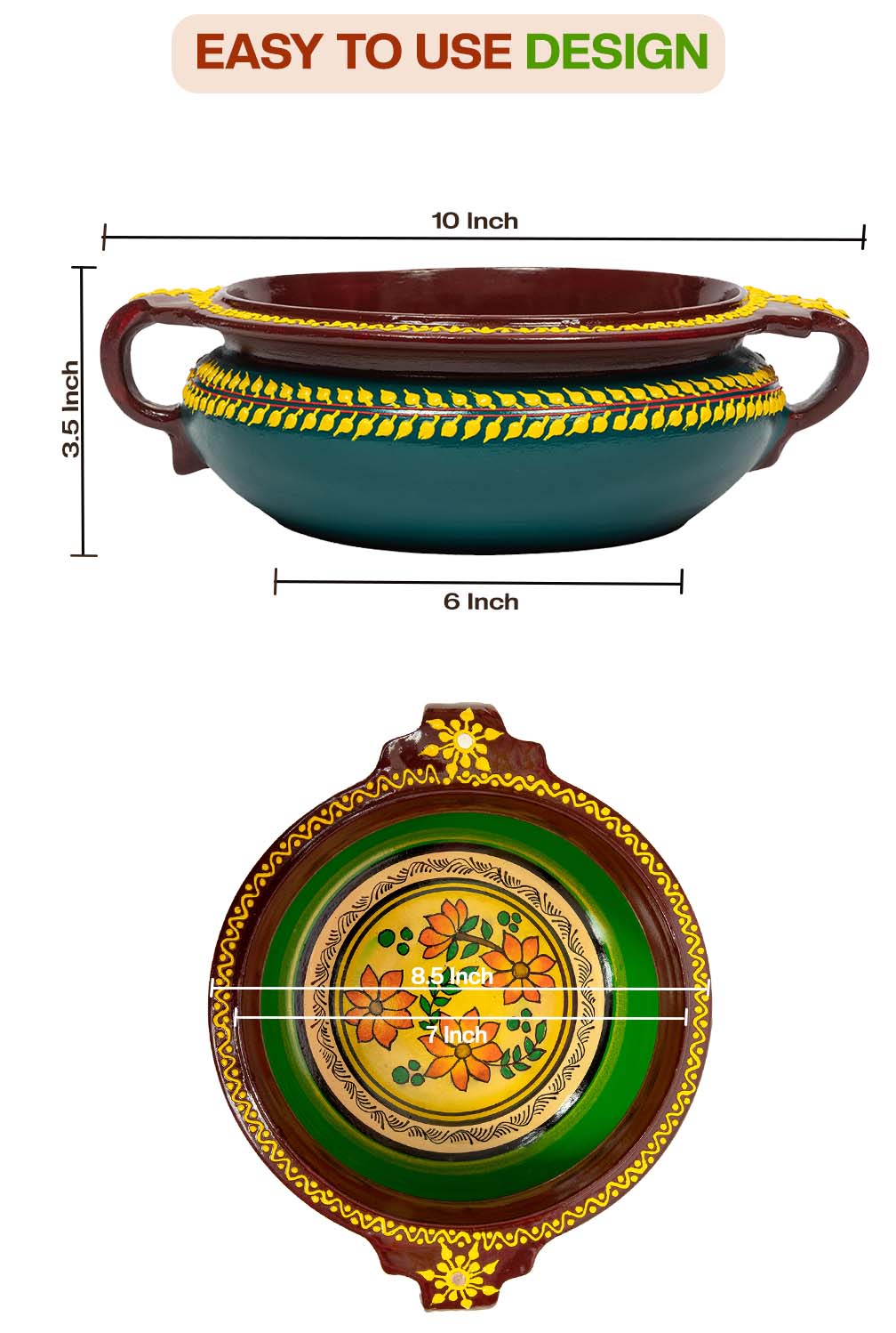 Front and top view of terracotta urli showing detailed size dimensions including diameter and height, with floral handpainting and easy to use design label.