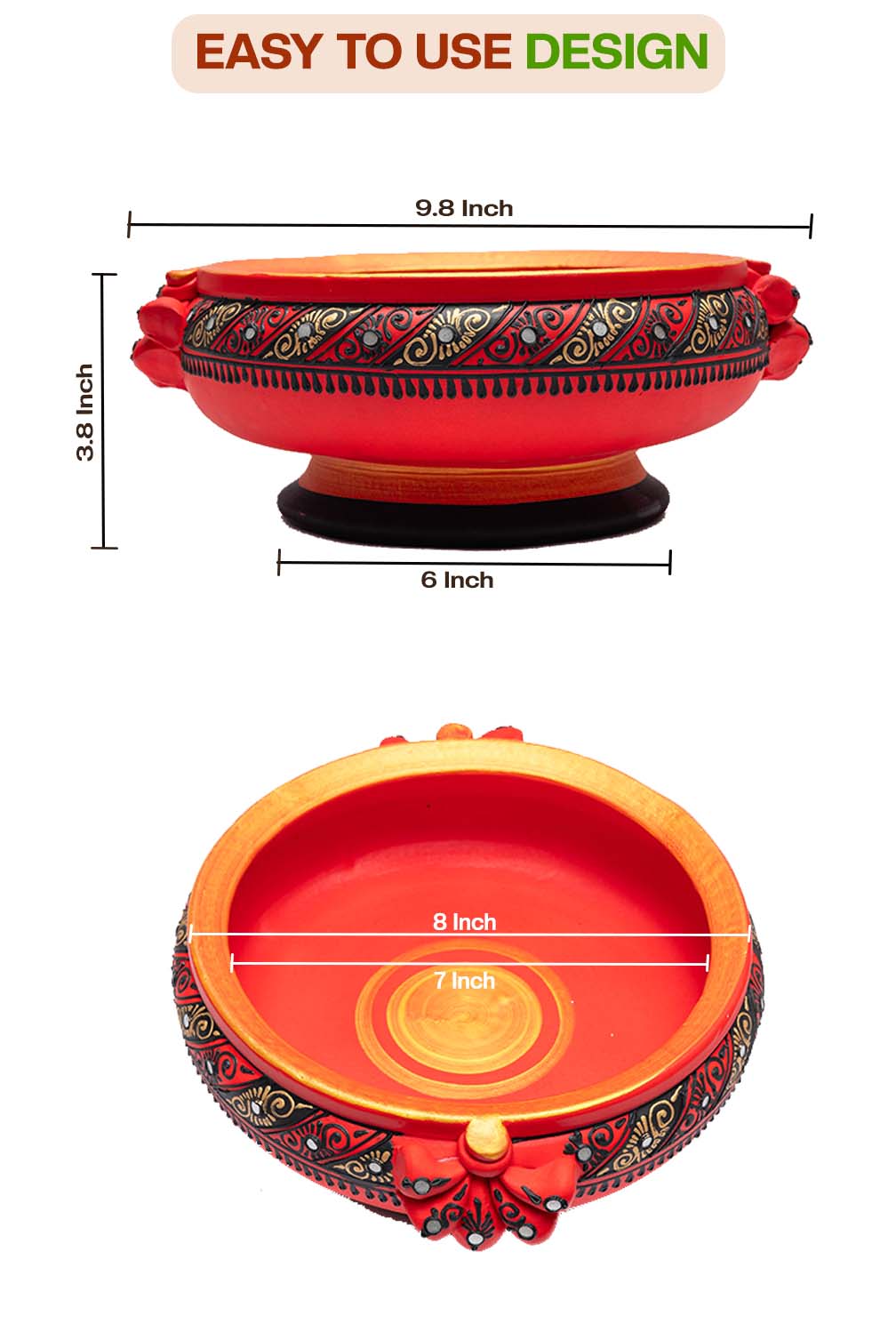 Front and top view of terracotta urli showing detailed size dimensions including diameter and height, with floral handpainting and easy to use design label.