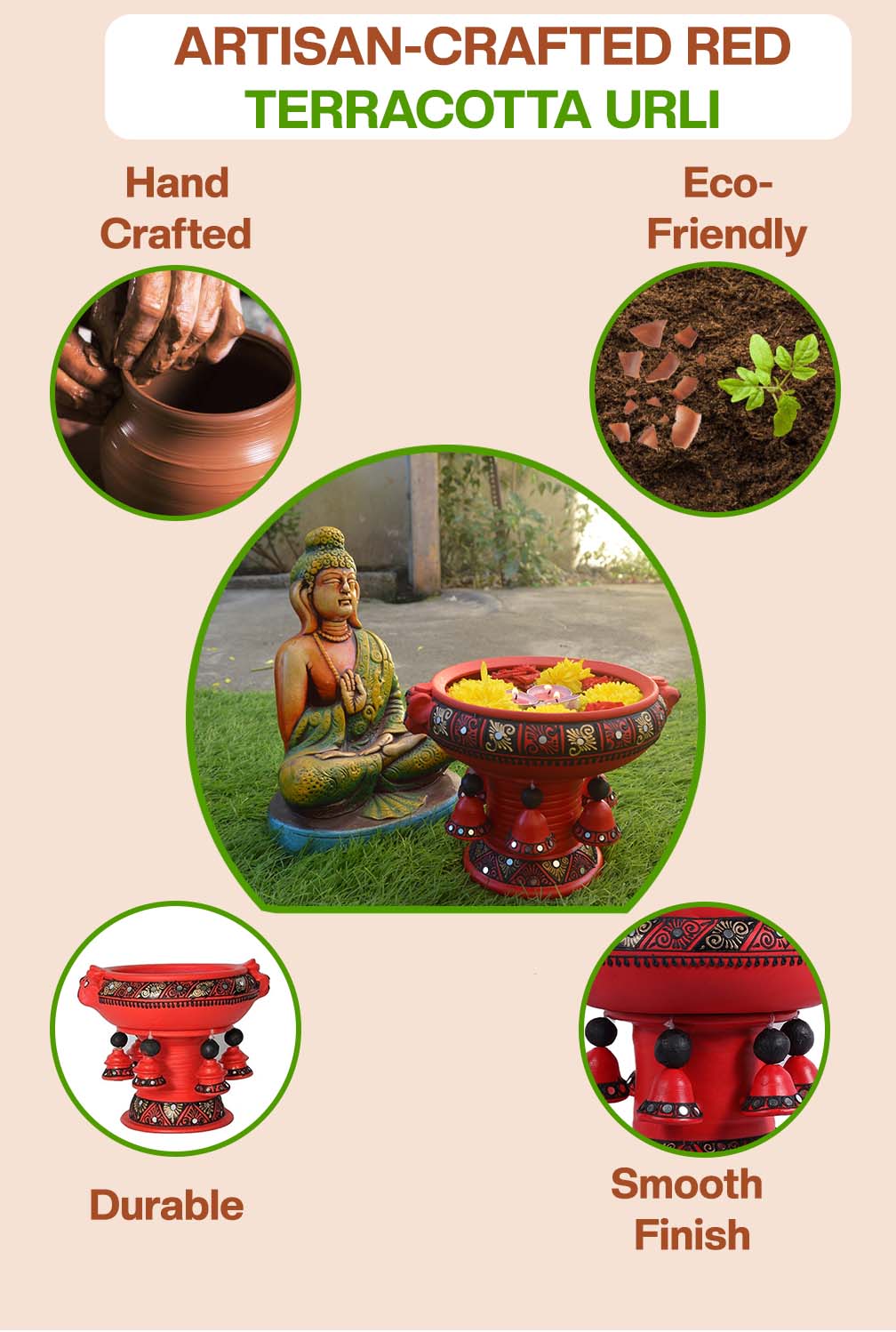 Artisan-crafted terracotta urli placed with a Buddha statue, highlights its handcrafted, eco-friendly, durable, and smooth-finish features for mindful home decor.
