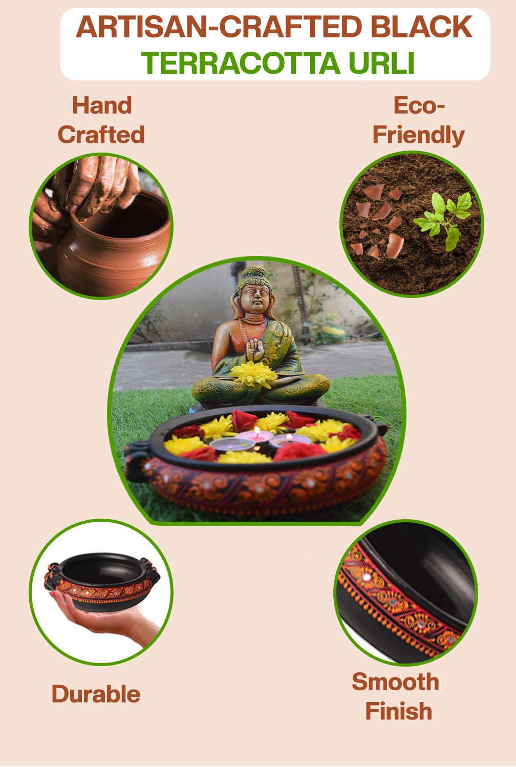 Artisan-crafted terracotta urli placed with a Buddha statue, highlights its handcrafted, eco-friendly, durable, and smooth-finish features for mindful home décor.