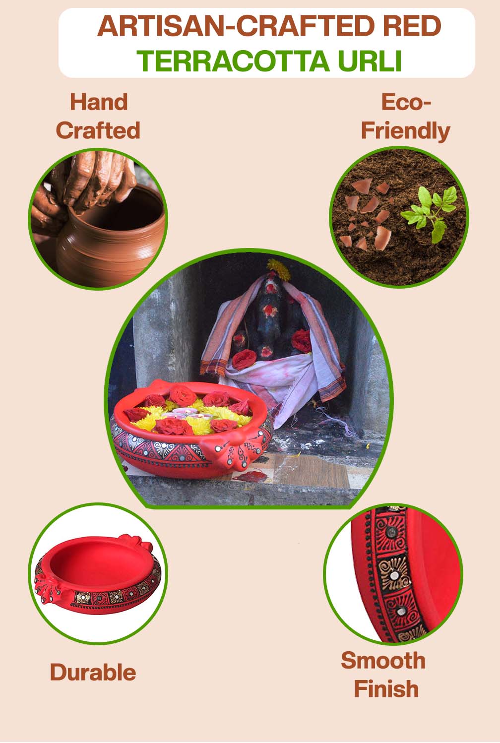 Artisan-crafted terracotta urli placed with a Buddha statue, highlights its handcrafted, eco-friendly, durable, and smooth-finish features for mindful home décor.