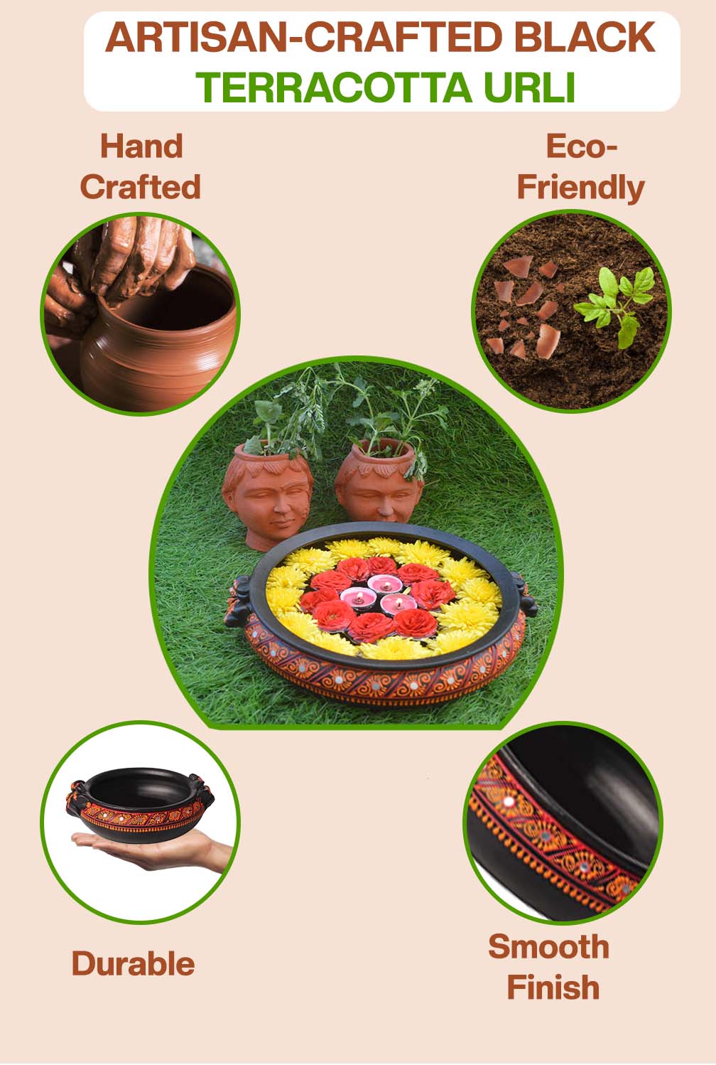 Artisan-crafted terracotta urli placed with a Buddha statue, highlights its handcrafted, eco-friendly, durable, and smooth-finish features for mindful home décor.