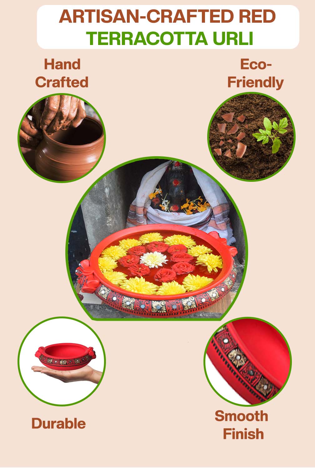 Artisan-crafted terracotta urli placed with a Buddha statue, highlights its handcrafted, eco-friendly, durable, and smooth-finish features for mindful home décor.